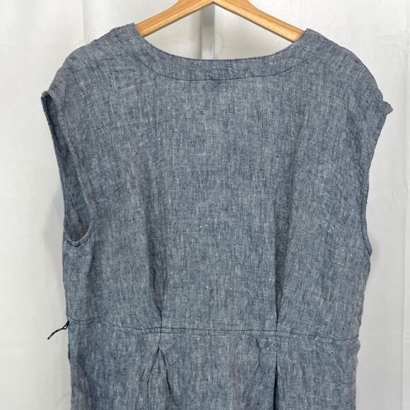 LANDS' END Linen Button Up Midi Dress Cap Sleeve Pleat Waist Blue Size 14 16 L - Picture 5 of 8
